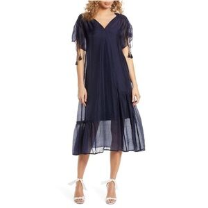 CAARA Kendall Women’s Navy Tassel Tie Sleeve Sheer Midi Dress Ruffle Tiered Boho